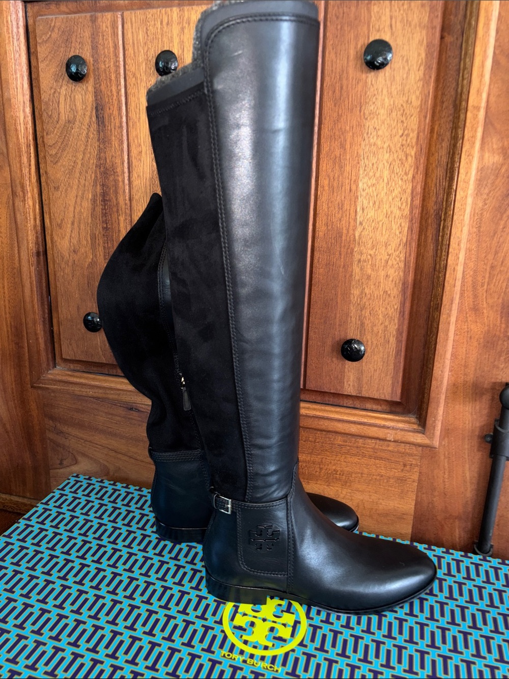 Tory Burch Black Leather and Suede Over-the-Knee Boots